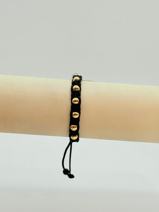 Black Cord With Gold Beads Bracelet in 18K
