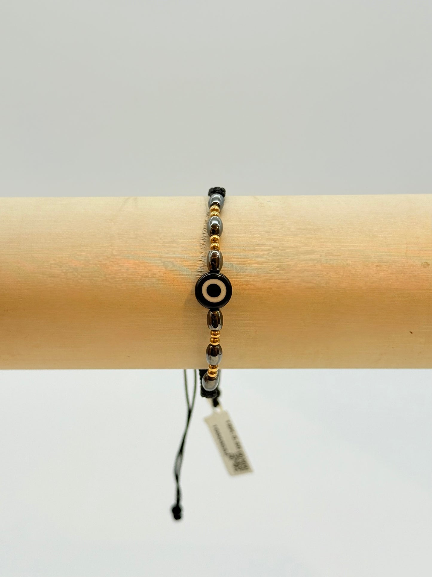 Black Evil Eye With Silver Beads And Gold Beads Bracelet In 18K