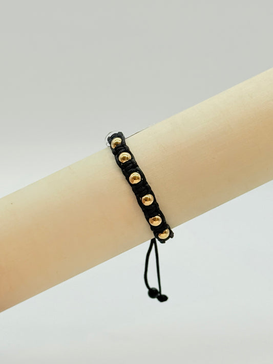 Black Cord With Gold Beads Bracelet in 18K