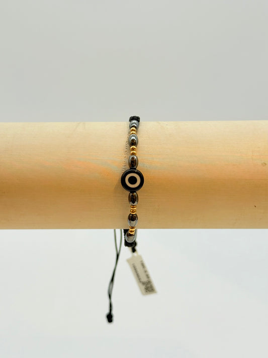 Black Evil Eye With Silver Beads And Gold Beads Bracelet In 18K